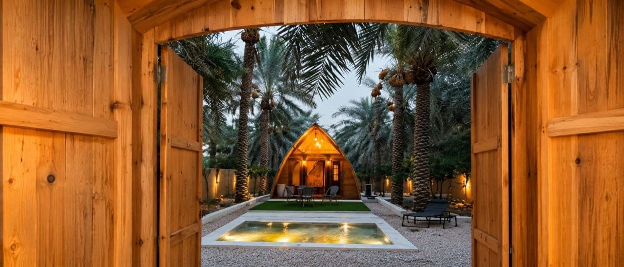 مدخل الشاليه عبر الباب الخشبي